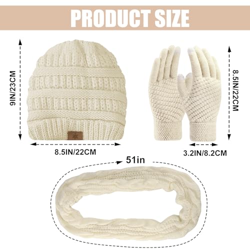 Thick Knit Winter Beanie Hat Scarf Gloves Set - Beige