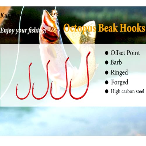 Octopus Beak Fishing Hooks - High Carbon Steel Circle Hooks - Red, 5/0, 50-Pack