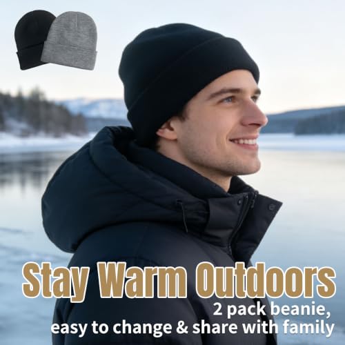 Winter Beanie Hats for Men & Women - 2 Pack Black & Grey