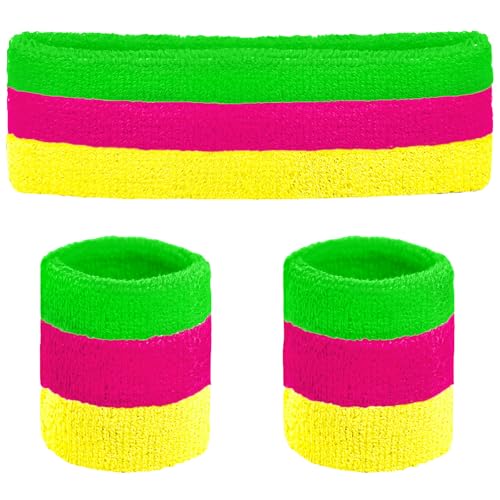 Ronglry 80s Neon Sweatbands Set with Color Mixing - Women's Sports Headband & Wristband for Glow Parties Halloween
