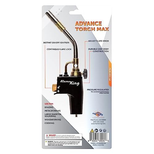 Flame King FK8500CGA High Intensity Propane Torch Head for Soldering, Brazing, Plumbing, Lighting Charcoal/Fire Pits, Compatible with 1LB Cylinders, MAPP, and MAP-PRO
