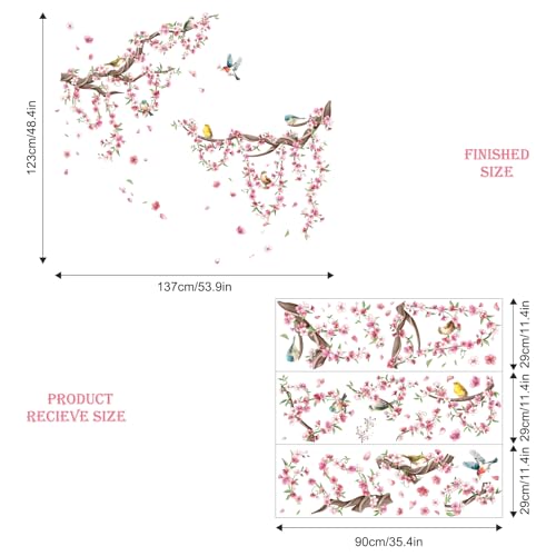 Cherry Blossom Tree Branch Wall Decals Pink Peach Flower Wall Stickers Spring Floral Birds Wall Art Decor for Bedroom Hall Livingroom Office TV Backdrop with 3 Sheets (11.8 x 35.4 inches/1 Sheet