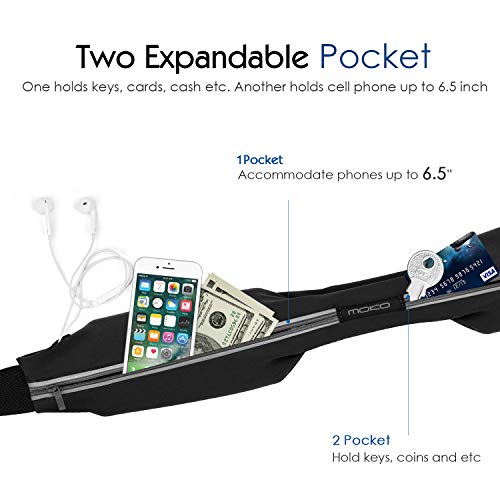 Reflective Running Belt - Dual-Pouch Waist Pack for 6.5 in Phones - Black