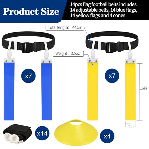 DkOvn 14Pcs Flag Football Belt Set with Belts, 7 Blue + 7 Yellow Flags, Adjustable 44.5"