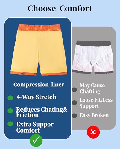 LuLurKiddo Boys Swim Trunks with Compression Liner & Quick Dry Fabric - Palm Trees Orange, 6-7 Years