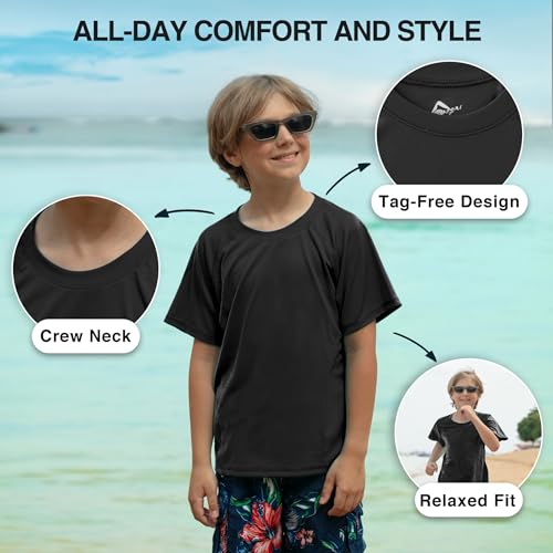 Boys' Short Sleeve UPF 50+ Rashguard Swim Shirt - Solid Black