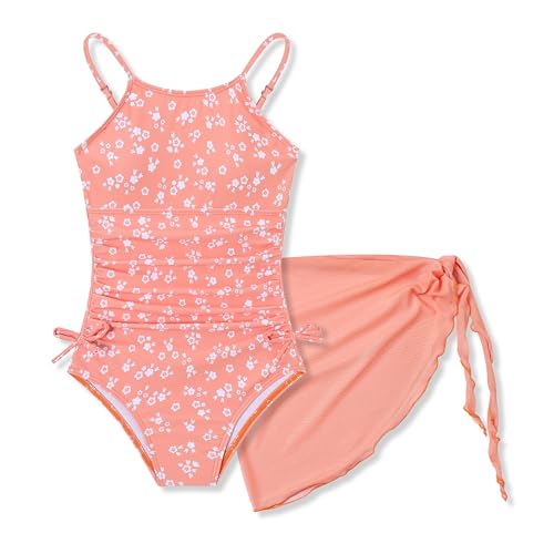 Girls Floral One-Piece Swimsuit & Cover-Up Skirt Set - Orange, 12-13 Years