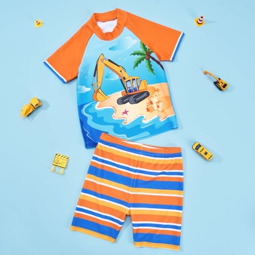Kids Boys 2-Piece Shark Swimsuit with Rash Guard & Trunk - Yellow Truck 4-5T