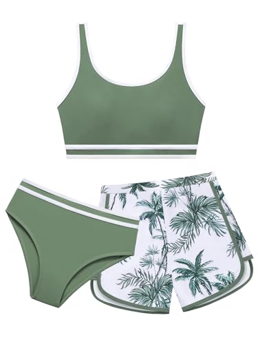 High Waist Color Block Bikini Set with Shorts - Green Palm, 10 Years