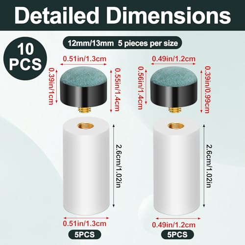 Billiard Cue Tips Replacement Set - 12mm & 13mm, 10pcs
