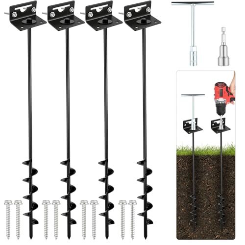 Junware 25-Inch Multi-Purpose Ground Anchor Kit for Sheds, Trampolines & Heavy Outdoor Structures - Black / 4 Pack