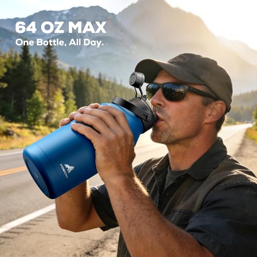 Midnight POWCAN 64oz Insulated Water Bottle with Straw & Spout Leakproof Lid & Shoulder Strap