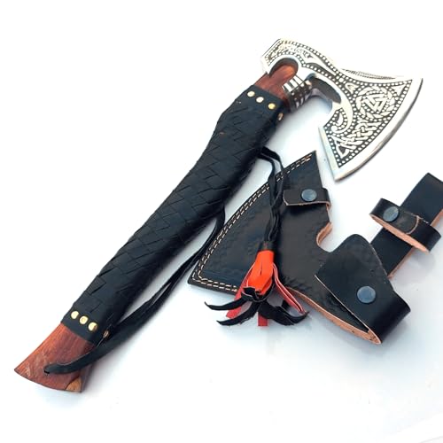Handforged Carbon Steel Viking Axe with Wooden Handle & Leather Sheath – Camping & Outdoor Hatchet