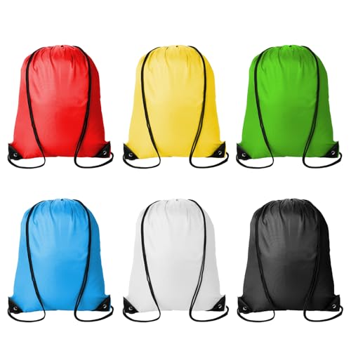 6 Pack Polyester Drawstring Backpacks - Lightweight Gym Cinch Bags - Multicolor