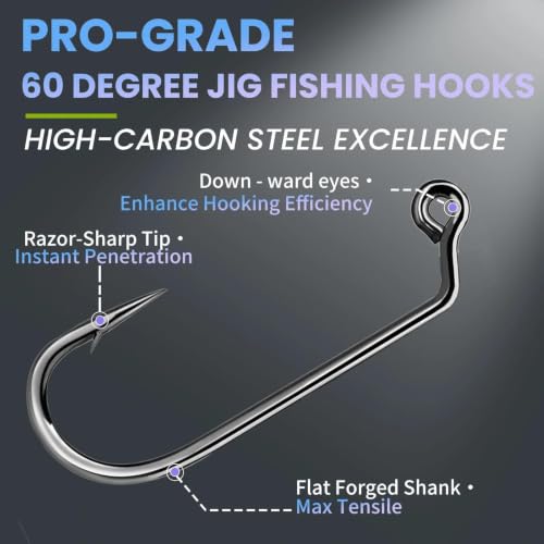 60 Degree Jig Hooks - 25pcs Long Shank Fishing Hooks