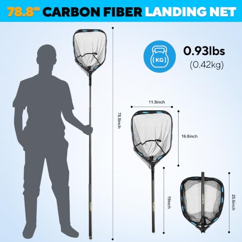 PLUSINNO 6.56 Ft Telescoping Carbon Fiber Fishing Net with Handle - Lightweight & Rust-Resistant