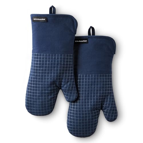 KITCHENAID Gourmet Series Gridlines Oven Mitts 2-Pack Set, Heat Resistant up to 600¡ÆF, Soft Silicone Grip, Magnetic Cuff, Ink Blue, 7"x14"
