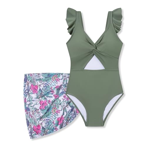 Floral One Piece Swimsuit & Cover Up Skirt Set - Girls Size 11-12 Years - Green