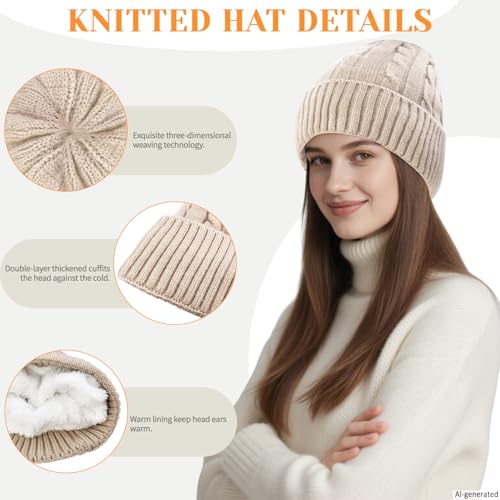 Warm Fleece Lined Winter Beanie Hat for Women - Beige