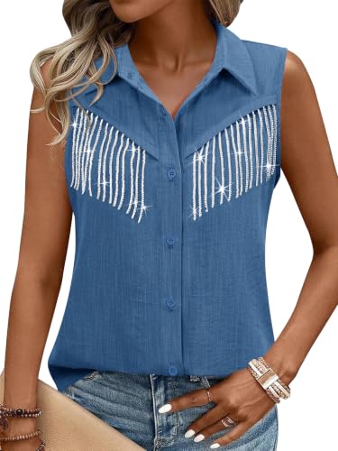 MYMORE Womens Western Cowgirl Fringe Shirt Large 06 Denim Blue