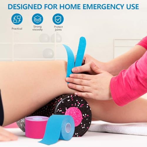 Waterproof Kinesiology Tape - 4 Rolls for Muscle Pain Relief - Black, Skin, Pink, Light Blue