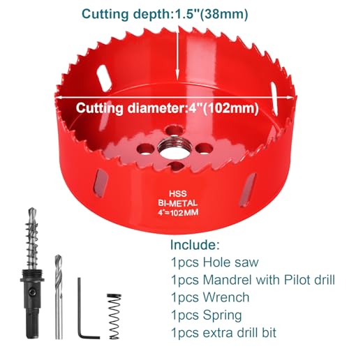 4 Inch / 102mm Hole Saw for Wood, Plastic Board, Ceiling, Drywall, Plasterboard, and Metal Sheet - HSS Bi-Metal Hole Cutter with Pilot Drill Bit