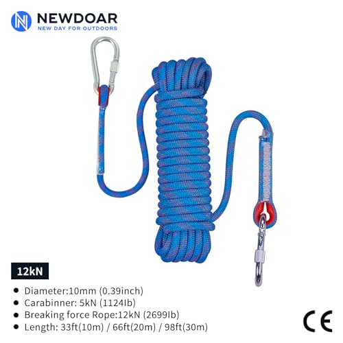 NewDoar 10mm Climbing Rope 33ft/10m with 2 Steel Hooks, 12kN, Blue