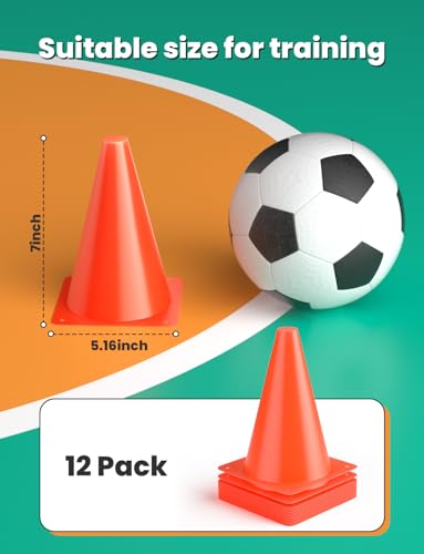 Agility Training Cones - 7 Inch, 12 Pack, High Visibility Orange