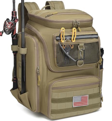 HAMBOLY 45L Fishing Backpack with Rod Holders & Foldable Divider - Brown
