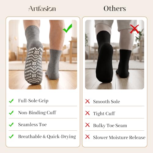 Artfasion Non-Slip Grip Socks for Men 9-11 Grey 4 Pairs Fall Prevention Hospital Seniors