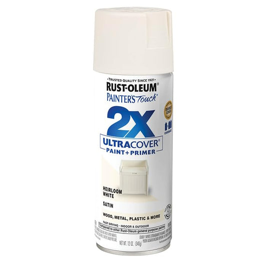 Rust-Oleum 12 oz 334071 Painter's Touch 2X Heirloom White Ultra Cover Paint + Primer Spray Paint, Satin