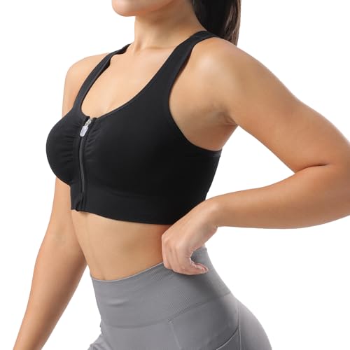 Senlinyoga Medium Support Women's Sports Bra Front Closure Seamless Black
