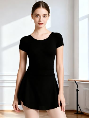 WYHDY Women Short Sleeve Ballet Leotard with Pull-On Skirt - Small Black