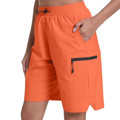Rrosseyz Women's Hiking Cargo Shorts with Pockets, Quick Dry, 9" Inseam, Large, Orange