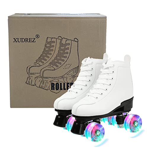 XUDREZ White Flash Wheel High-Top Double-Row Leather Roller Skates for Men Women 8.5-10