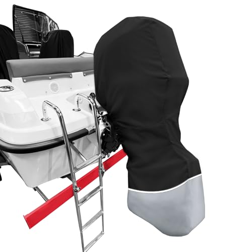 Universal Boat Motor Cover for 90-150 HP Outboard Engines - Silver Black, Heavy-Duty Waterproof Oxford Fabric, Windproof Design