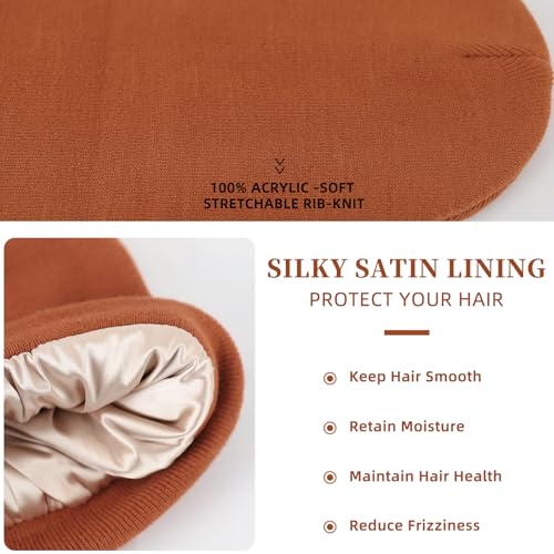 Satin Lined Beanie - Warm Silk Lined Hat for Winter - One Size Caramel