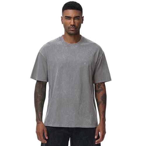 SnowElve Men's Oversized Cotton T-Shirt - Vintage Washed Loose Fit Unisex Casual Tee XL