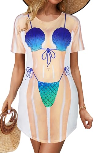 Elescat Women's Blue Shell X-Large Beach Cover Up with Funny Bikini Print