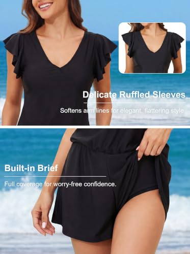 Smismivo Black Large Swim Romper with Built-in Bra, Pockets, Full Coverage One-Piece