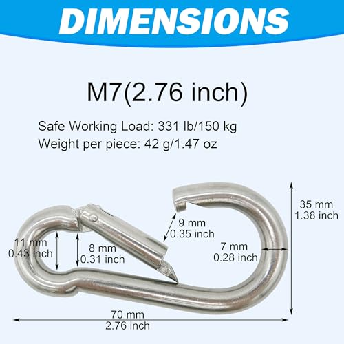 Heavy Duty 316 Stainless Steel Carabiners - 2.76 Inch, 6pcs Silver