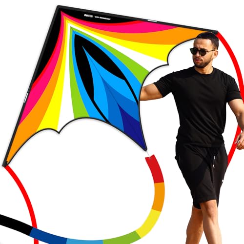 Doinfly 1.4m Charger Delta Kite Rainbow - Easy-to-Fly Triangular Outdoor Kite for Beginners