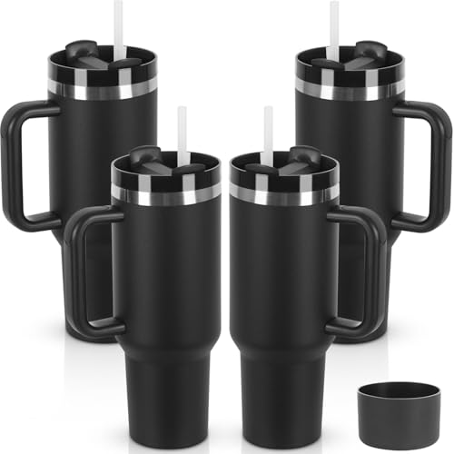 Black 40 oz Stainless Steel Tumbler with Handle & Straw Lid - Bulk 4 Pack