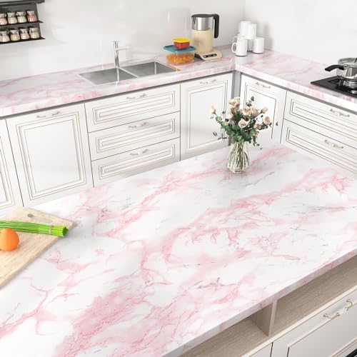 Pink Glossy Marble Contact Paper Peel and Stick Waterproof Self Adhesive Wallpaper 15.7in x 78.8in Countertop Contact Paper Crafts Wall Covering for Table Countertop Cabinet