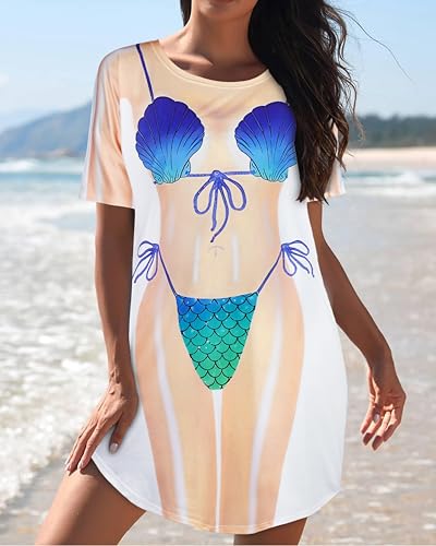 Elescat Women's Blue Shell X-Large Beach Cover Up with Funny Bikini Print