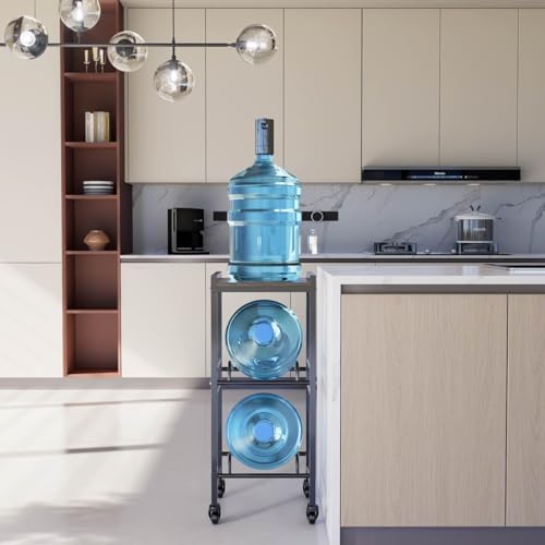 2 Tiers Water Rack Top Storage Shelf with 4 Wheels - Space Saving Dispenser Stand 5 Gallon Water Storage Rack Bottle Jug Holder Organizer/Lockable&Removable Casters/Kitchen Office Garage