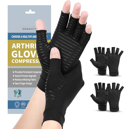 DRNAIETY Copper Arthritis Compression Gloves 2 Pairs Medium Black for Men & Women