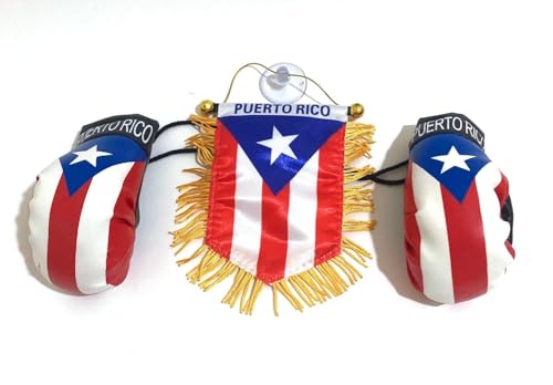 Puerto Rican Flag & Mini Boxing Gloves Rearview Mirror Set