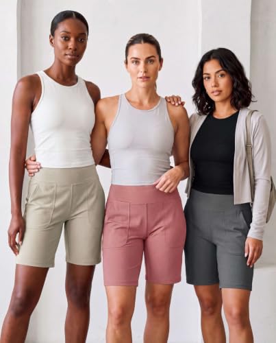 Women's 9-inch Bermuda Shorts Set - 4 Pack Athletic Yoga Running Workout Pockets, Large