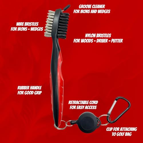 Golf Club Brush with Groove Cleaner - 2 Ft Zip-line, Red